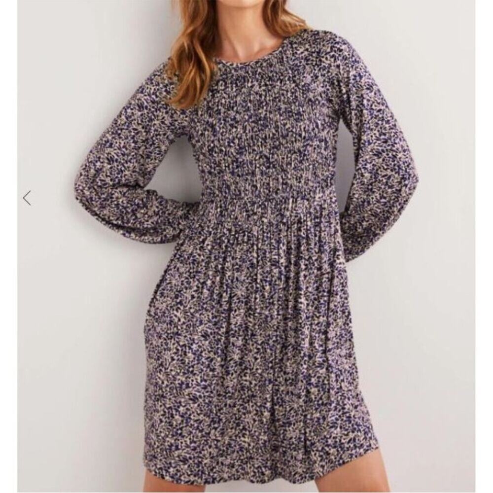 Boden‎ Smocked Bodice Jersey Dress Persian Blue Leaf Cluster print 4 Long